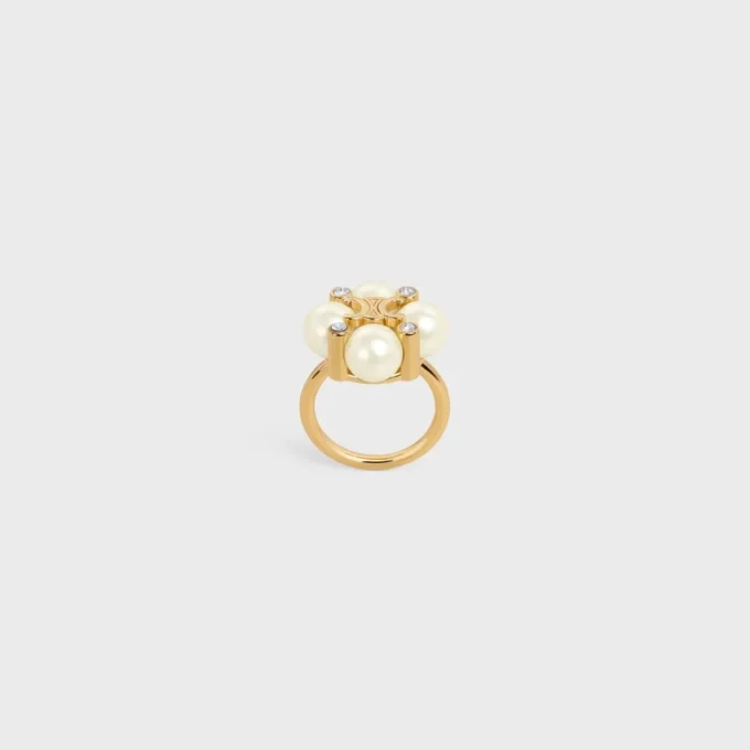 Bague Les Perles CELINE en strass, perles en résine et laiton avec finition dorée Bague Les Perles CELINE en strass, perles en résine et laiton avec finition dorée