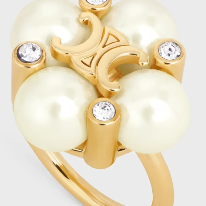 Bague Les Perles CELINE en strass, perles en résine et laiton avec finition dorée Bague Les Perles CELINE en strass, perles en résine et laiton avec finition dorée
