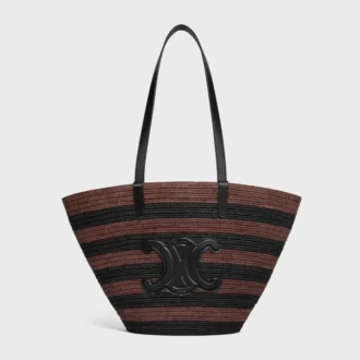 Classic Celine Couffin Panier en raphia rayé et cuir de veau