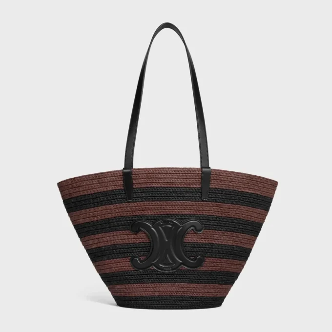 Classic Celine Couffin Panier en raphia rayé et cuir de veau Classic Celine Couffin Panier en raphia rayé et cuir de veau