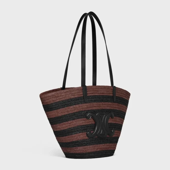 Classic Celine Couffin Panier en raphia rayé et cuir de veau Classic Celine Couffin Panier en raphia rayé et cuir de veau