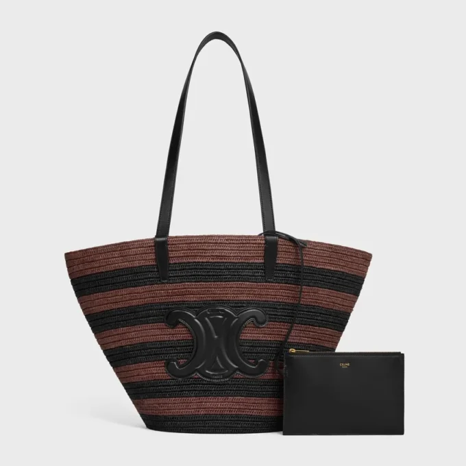Classic Celine Couffin Panier en raphia rayé et cuir de veau Classic Celine Couffin Panier en raphia rayé et cuir de veau