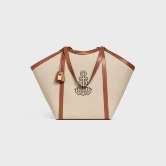 Grand cabas en textile avec broderie d&rsquo;ancre et cuir de veau