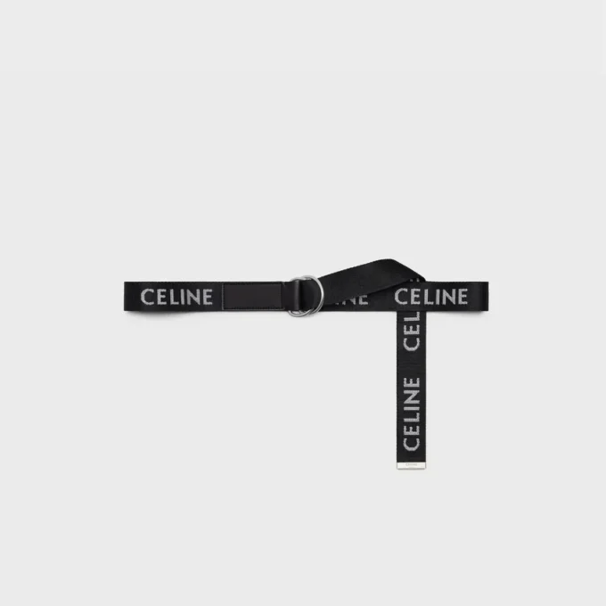 Large ceinture à double anneau de 30 mm en tissu jacquard et cuir de veau Large ceinture à double anneau de 30 mm en tissu jacquard et cuir de veau