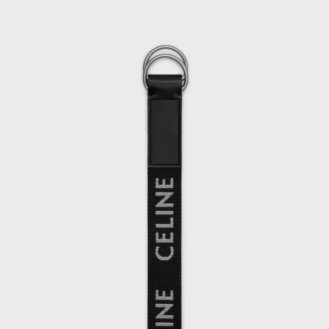 Large ceinture à double anneau de 30 mm en tissu jacquard et cuir de veau Large ceinture à double anneau de 30 mm en tissu jacquard et cuir de veau