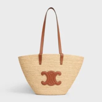 Panier CELINE Classic moyen souple en raphia et cuir de veau