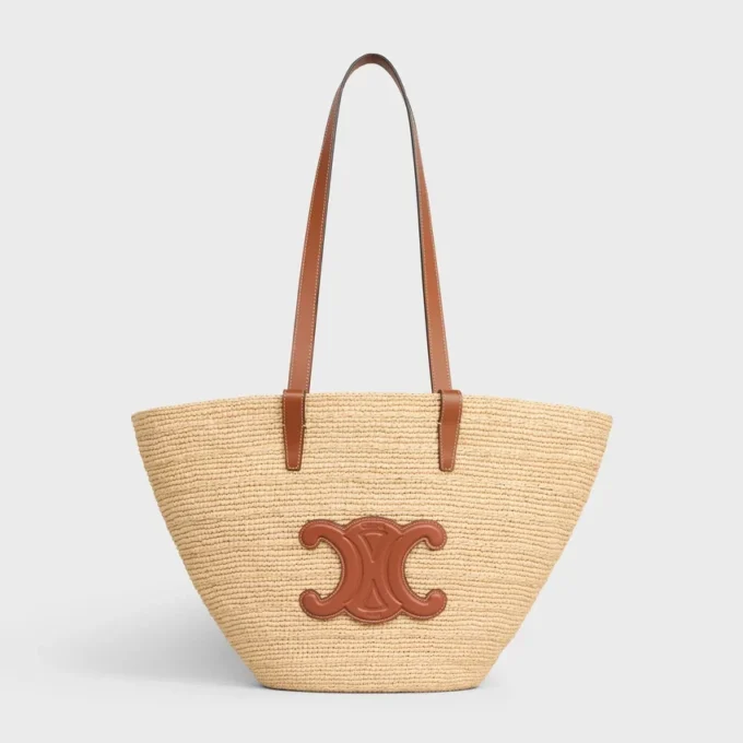 Panier CELINE Classic moyen souple en raphia et cuir de veau