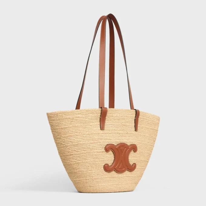 Panier CELINE Classic moyen souple en raphia et cuir de veau