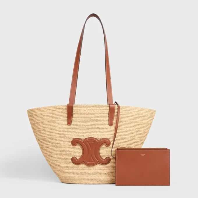 Panier CELINE Classic moyen souple en raphia et cuir de veau