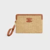 Petite pochette avec bandoulière en textile effet raphia et cuir de veau
