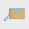 Petite pochette avec bandoulière en textile effet raphia et cuir de veau