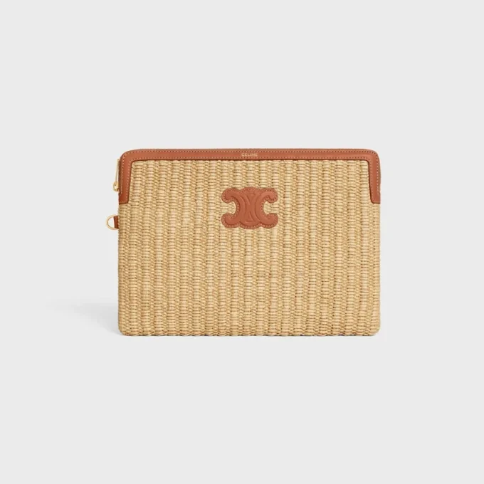 Petite pochette avec bandoulière en textile effet raphia et cuir de veau