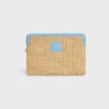Petite pochette avec bandoulière en textile effet raphia et cuir de veau