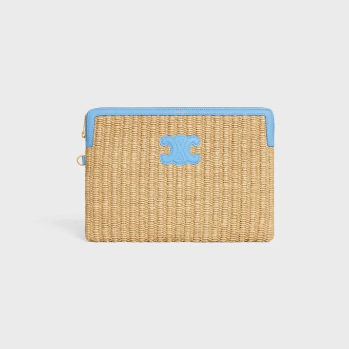 Petite pochette avec bandoulière en textile effet raphia et cuir de veau