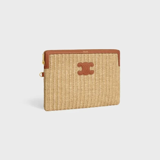 Petite pochette avec bandoulière en textile effet raphia et cuir de veau
