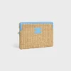 Petite pochette avec bandoulière en textile effet raphia et cuir de veau