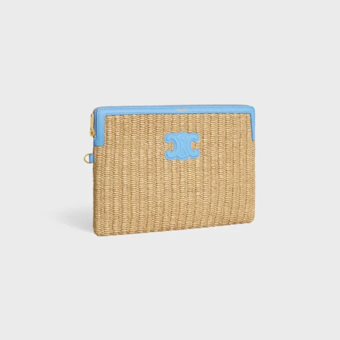 Petite pochette avec bandoulière en textile effet raphia et cuir de veau