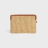 Petite pochette avec bandoulière en textile effet raphia et cuir de veau
