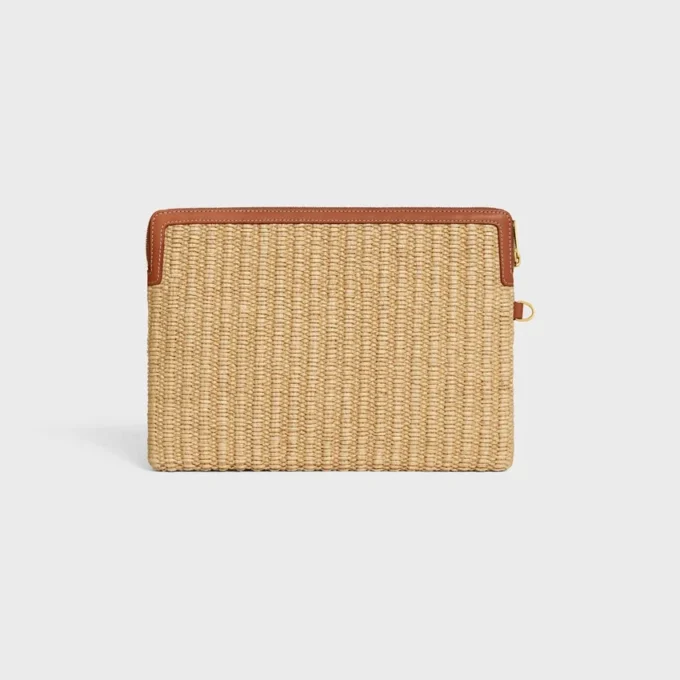 Petite pochette avec bandoulière en textile effet raphia et cuir de veau