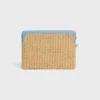 Petite pochette avec bandoulière en textile effet raphia et cuir de veau
