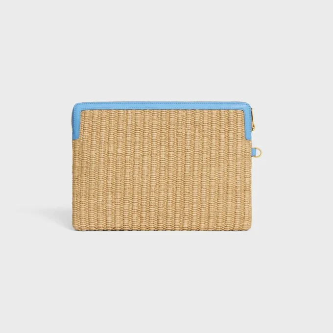Petite pochette avec bandoulière en textile effet raphia et cuir de veau