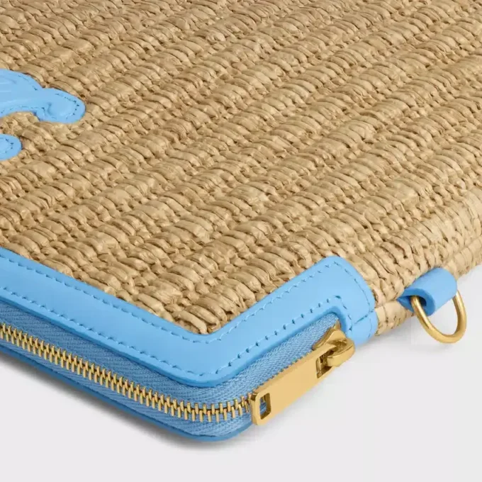 Petite pochette avec bandoulière en textile effet raphia et cuir de veau