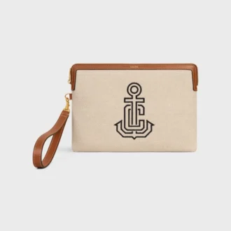 Petite pochette à bandoulière en textile avec broderie d&rsquo;ancres et cuir de veau
