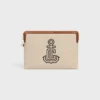 Petite pochette à bandoulière en textile avec broderie d&rsquo;ancres et cuir de veau