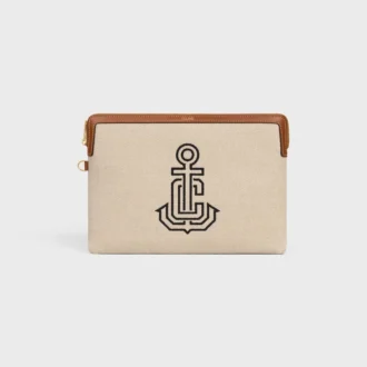 Petite pochette à bandoulière en textile avec broderie d&rsquo;ancres et cuir de veau