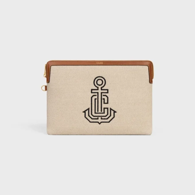 Petite pochette à bandoulière en textile avec broderie d&rsquo;ancres et cuir de veau