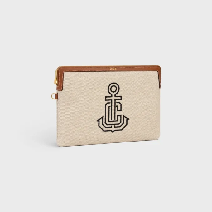 Petite pochette à bandoulière en textile avec broderie d&rsquo;ancres et cuir de veau
