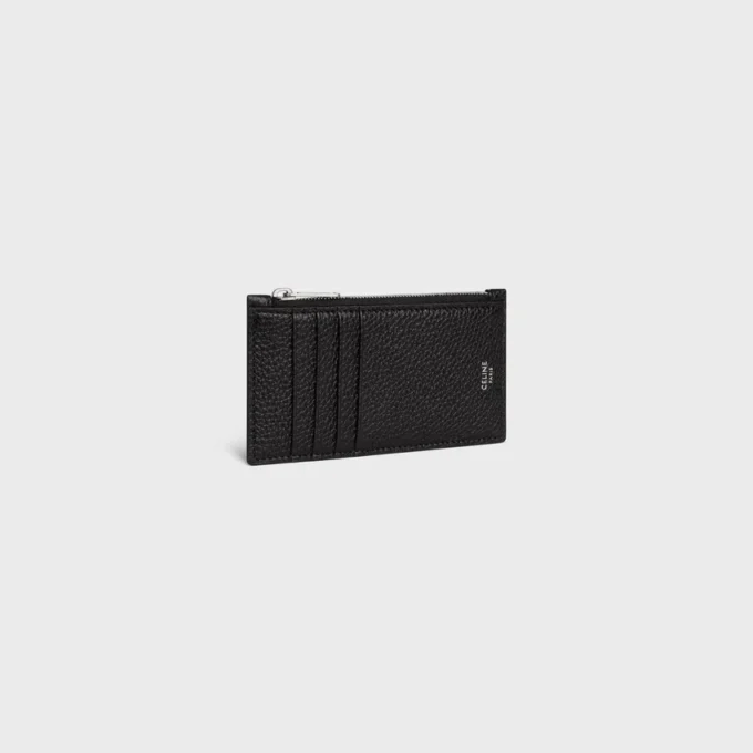 Porte-cartes compact à fermeture éclair en cuir de veau grainé Porte-cartes compact à fermeture éclair en cuir de veau grainé
