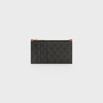Porte-cartes compact à fermeture éclair en Triomphe Canvas et cuir d&rsquo;agneau