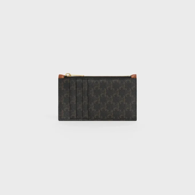 Porte-cartes compact à fermeture éclair en Triomphe Canvas et cuir d&rsquo;agneau