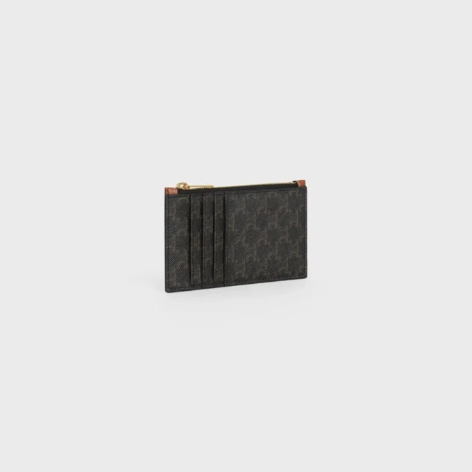 Porte-cartes compact à fermeture éclair en Triomphe Canvas et cuir d&rsquo;agneau
