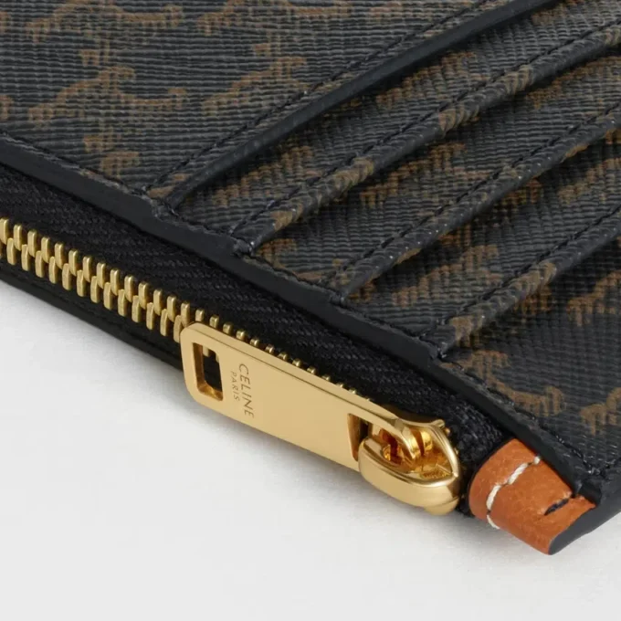 Porte-cartes compact à fermeture éclair en Triomphe Canvas et cuir d&rsquo;agneau