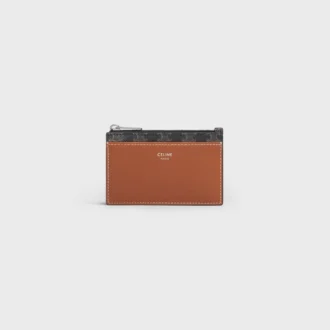 Porte-cartes à fermeture éclair en Triomphe Canvas et cuir d&rsquo;agneau