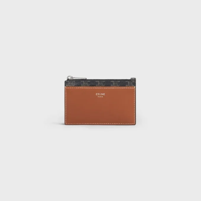 Porte-cartes à fermeture éclair en Triomphe Canvas et cuir d&rsquo;agneau