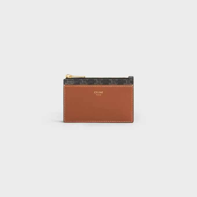 Porte-cartes à fermeture éclair en Triomphe Canvas et cuir d&rsquo;agneau