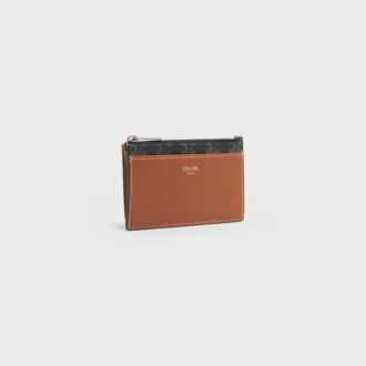 Porte-cartes à fermeture éclair en Triomphe Canvas et cuir d&rsquo;agneau