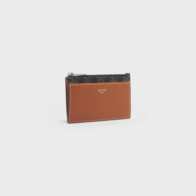 Porte-cartes à fermeture éclair en Triomphe Canvas et cuir d&rsquo;agneau