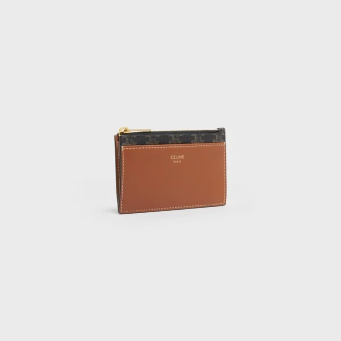 Porte-cartes à fermeture éclair en Triomphe Canvas et cuir d&rsquo;agneau