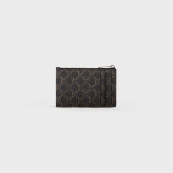 Porte-cartes à fermeture éclair en Triomphe Canvas et cuir d&rsquo;agneau