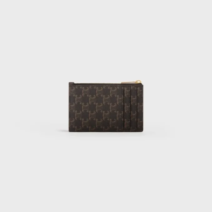 Porte-cartes à fermeture éclair en Triomphe Canvas et cuir d&rsquo;agneau