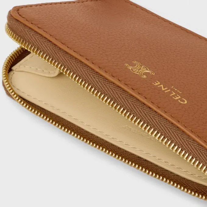 Porte-cartes long à fermeture éclair en cuir de veau grainé souple