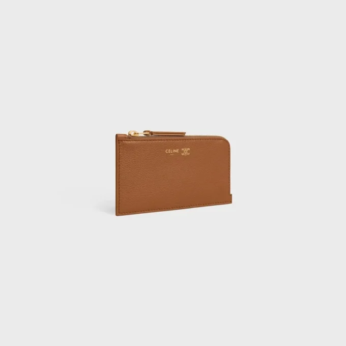 Porte-cartes long à fermeture éclair en cuir de veau grainé souple