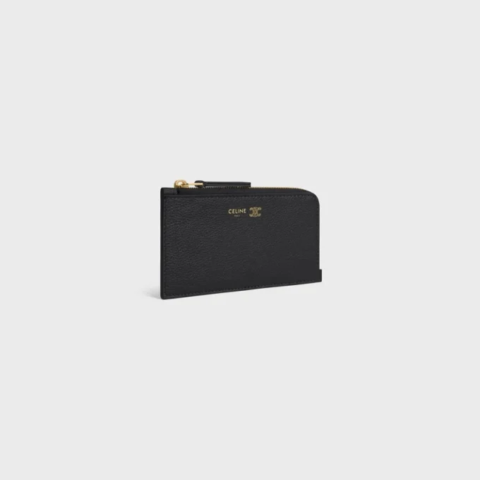 Porte-cartes long à fermeture éclair en cuir de veau grainé souple