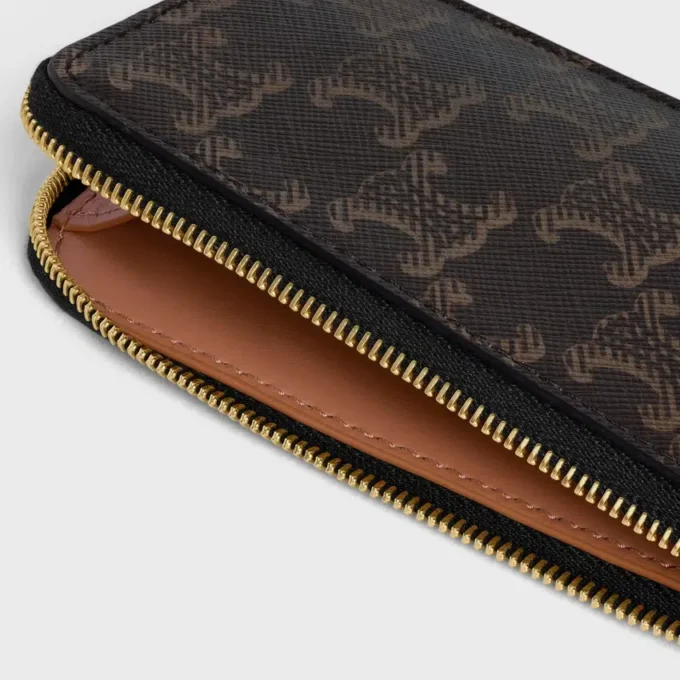 Porte-cartes long à fermeture éclair en Triomphe Canvas et cuir de veau