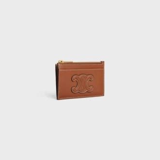 Porte-cartes zippé Cuir Triomphe en cuir d&rsquo;agneau lisse