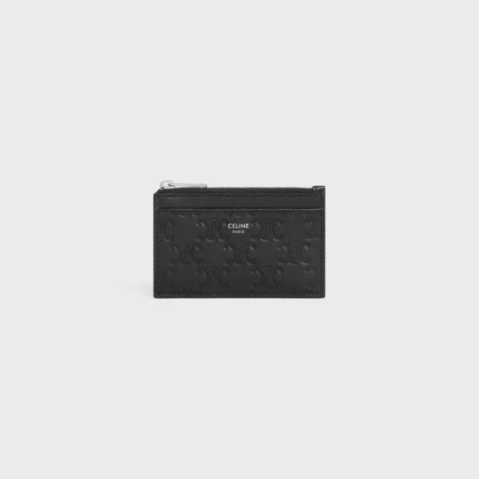 Porte-cartes zippé en cuir de veau avec motif Triomphe en relief Porte-cartes zippé en cuir de veau avec motif Triomphe en relief